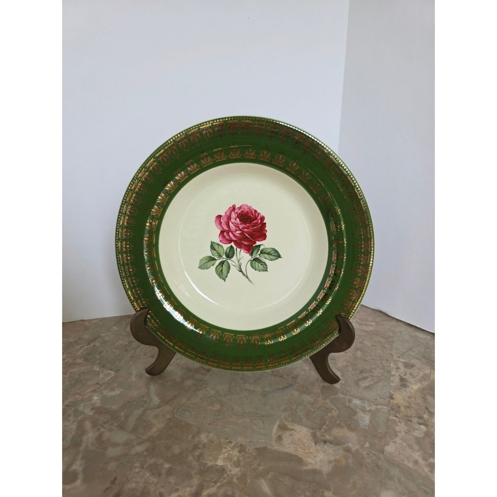 Vintage Limoges Green Gold Floral‎ Rose Rim 8 Inch Salad Bowl Serving Dish